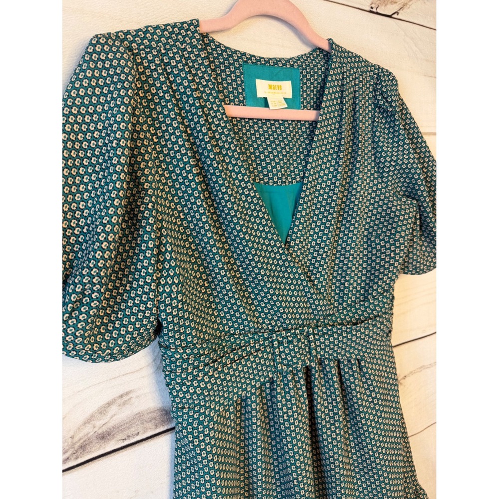 Maeve Anthropologie Teal Geometric Honeycomb Puff Sleeve Ruffle Mini Dress 6P - Picture 2 of 7